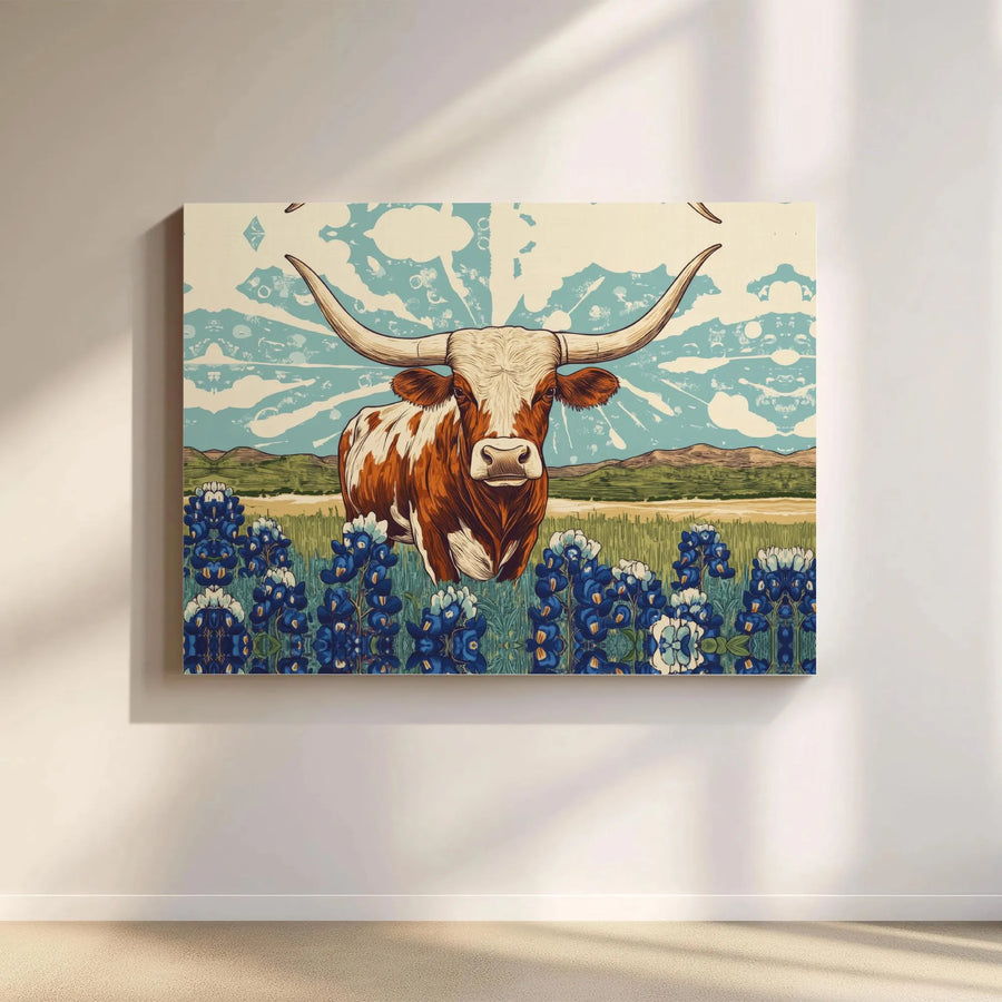 Texas Longhorn Canvas Wall Art | Vintage Bluebonnet Flower Field Print | 1.25 Inch Premium Gallery Wrap | Rustic Farmhouse Home Decor Gift