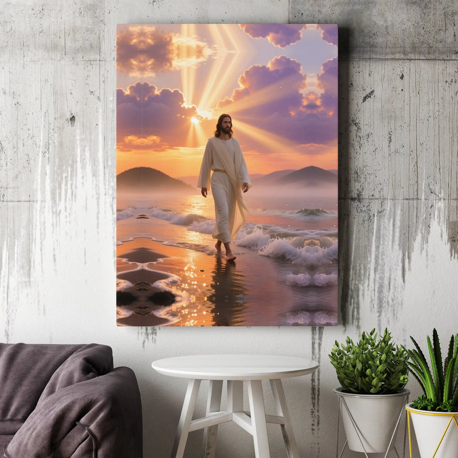 Jesus Walking On Water Canvas | Scenic Sunrise Religious Wall Art | Premium 1.25 Inch Gallery Wrap | Christian Home Decor Gift