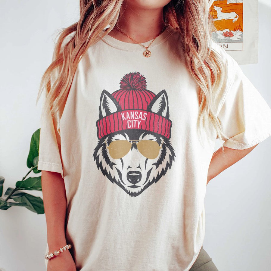 Kansas City Football T-Shirt | Retro Wolf Mascot in Beanie Graphic | 100% Premium Cotton Tee | Game Day Gift for KC Fans