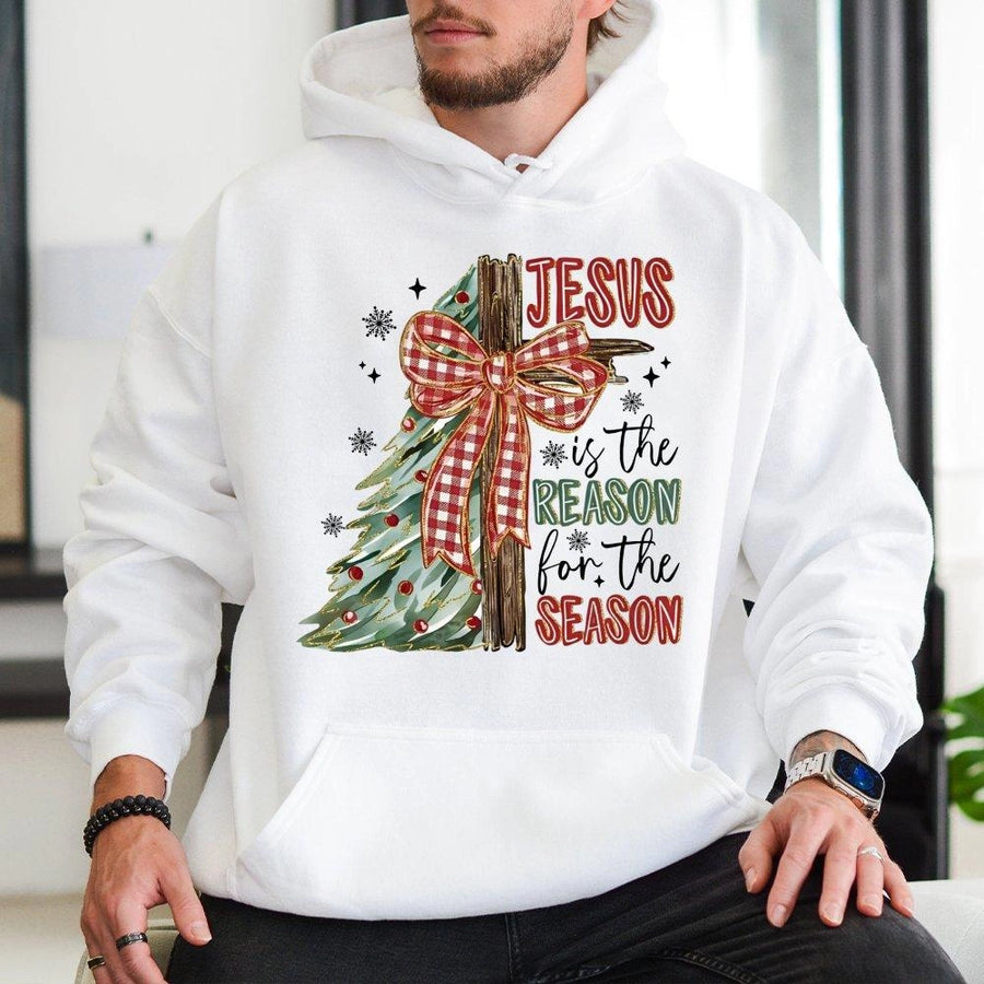 Jesus Is The Reason For The Season Hoodie | Christian Christmas Cross Plaid Bow Graphic | Premium Cotton Blend | Religious Holiday Gift for Women