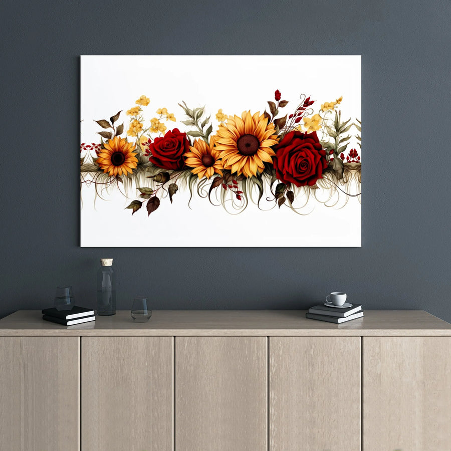 Sunflower and Red Rose Canvas Print | Botanical Floral Wall Art | Premium 1.25-Inch Gallery Wrap | Elegant Home Decor Gift