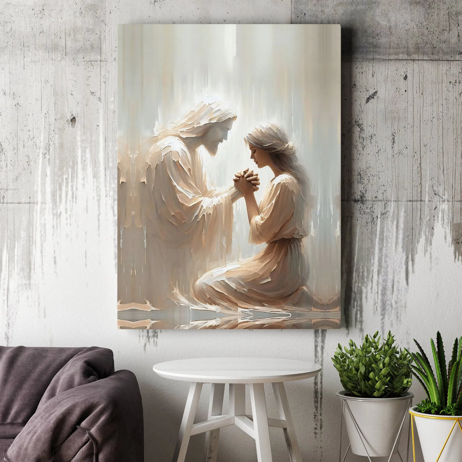 Jesus Holding Hands With Praying Woman Canvas | Spiritual Christian Wall Art | Premium Gallery-Wrapped Print | Religious Home Decor Gift