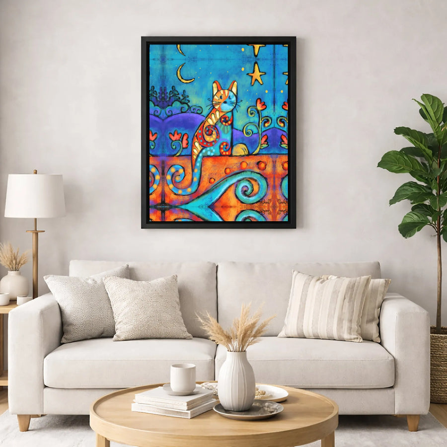 Folk Art Cat Wall Art | Colorful Celestial Whimsical Kitty Decor | Premium Gallery Wrap Canvas | Unique Gift For Cat Lovers