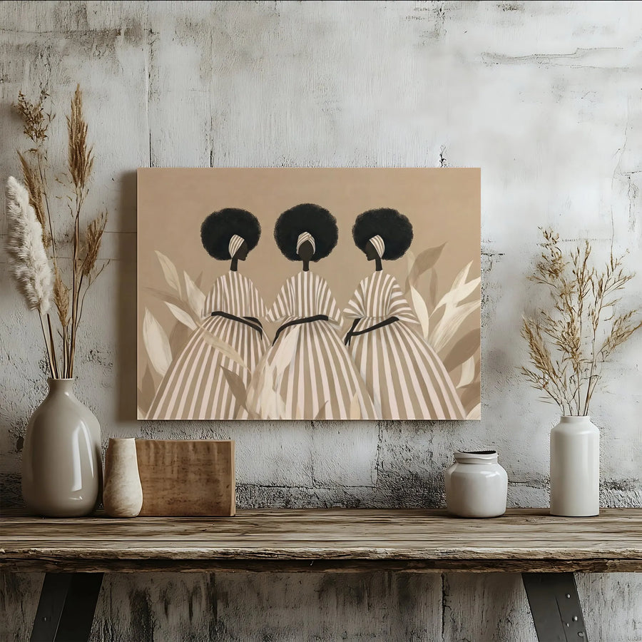 Black Women Canvas Wall Art | Minimalist Abstract Three Figures | Premium Thick Gallery Canvas | Boho Chic Home Decor Gift for Her