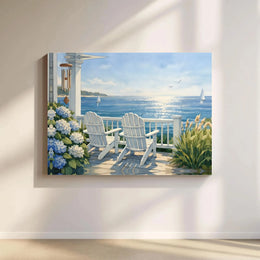 Serene Ocean View Canvas Wall Art | Adirondack Chairs on Porch Painting | Premium Fade-Resistant Print | Nautical Beach House Decor Gift