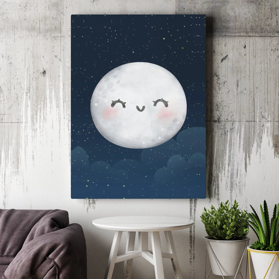 Cute Moon Nursery Canvas | Smiling Moon & Starry Night Sky Art | Premium Thick Gallery Wrap Canvas | Kids Room Decor & Baby Shower Gift