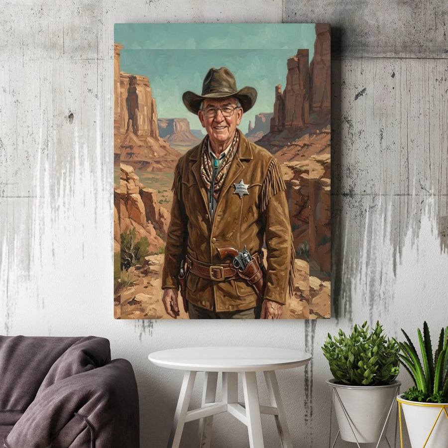 Cowboy Sheriff Vertical Canvas | Old West Desert Canyon Landscape Painting Style | Premium 1.25" Gallery Wrap Wall Art | Rustic Home Decor Gift for Western Movie Fans