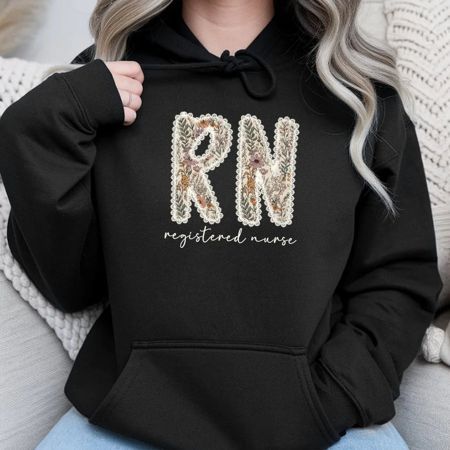 Registered Nurse Hoodie | Floral RN Nursing Design | Premium Cotton Blend Sweatshirt | Graduation Gift for Nursing Student or RN