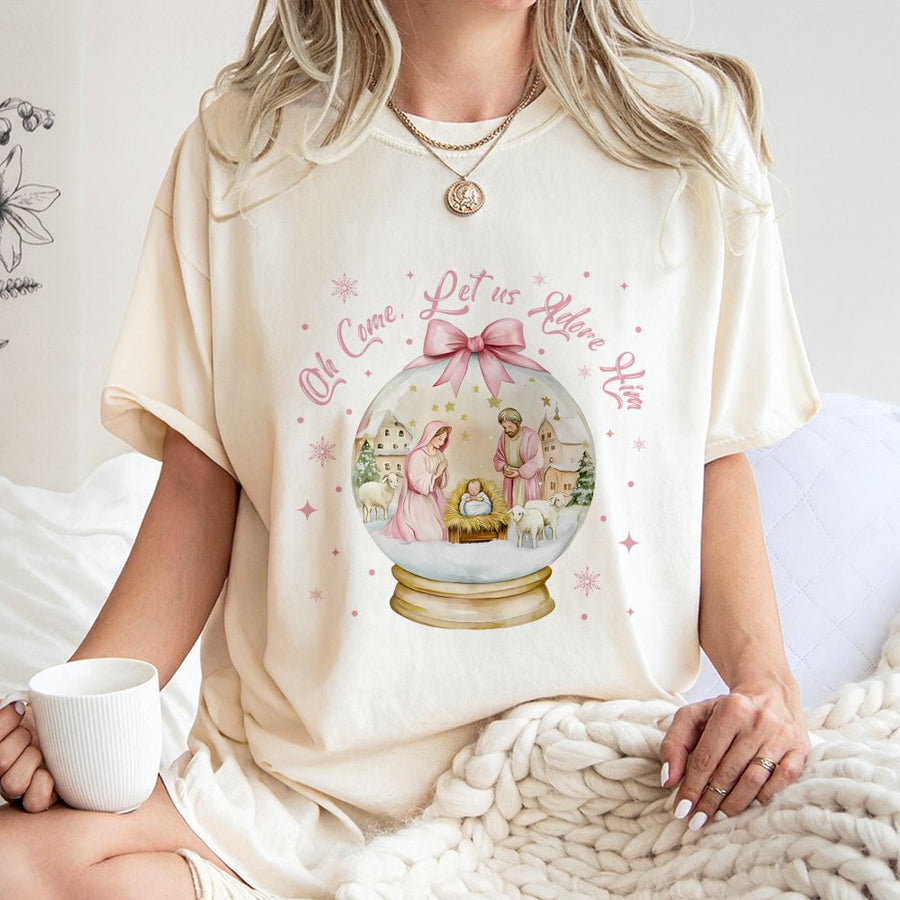 Nativity Christmas T-Shirt | Oh Come Let Us Adore Him Snow Globe Graphic | 100% Cotton Premium Tee | Christian Holiday Gift for Women and Men