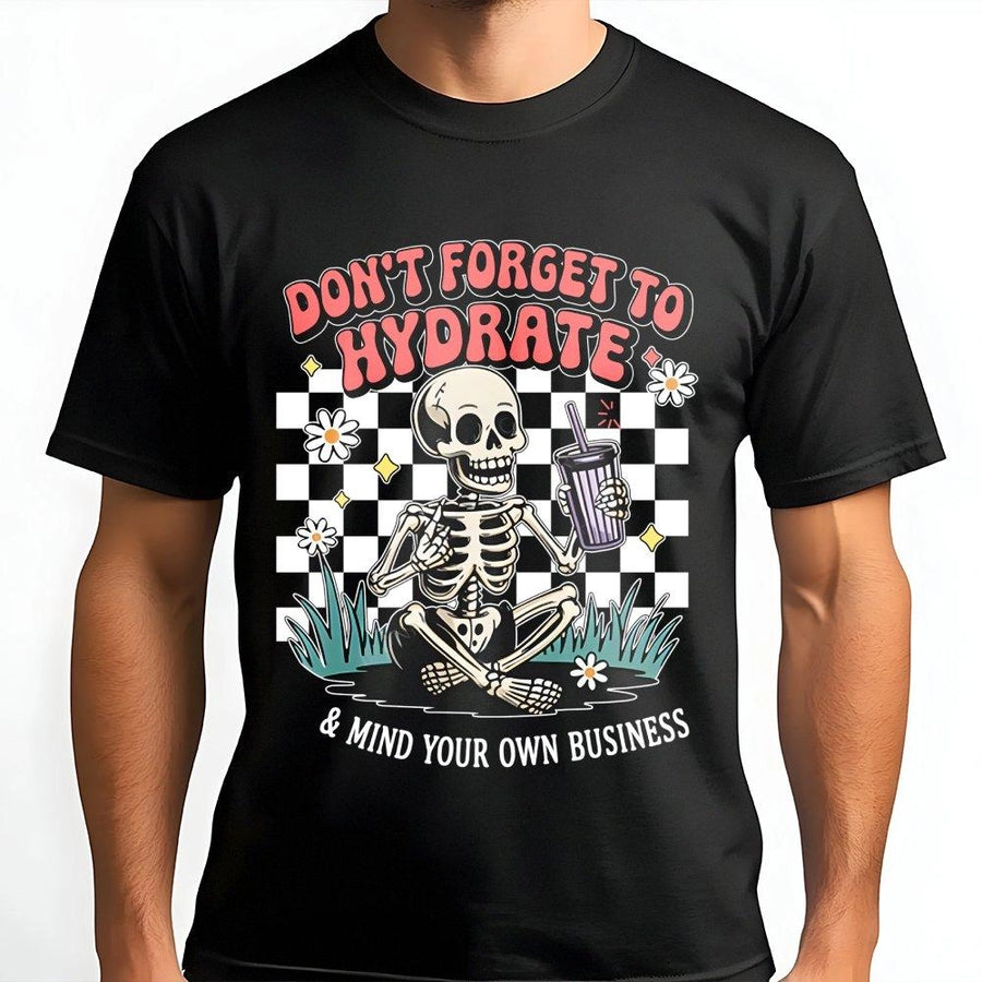 Don't Forget to Hydrate Skeleton T-Shirt | Funny Retro Checkered Graphic Tee | Premium 100% Cotton | Sarcastic Gift for Women & Men
