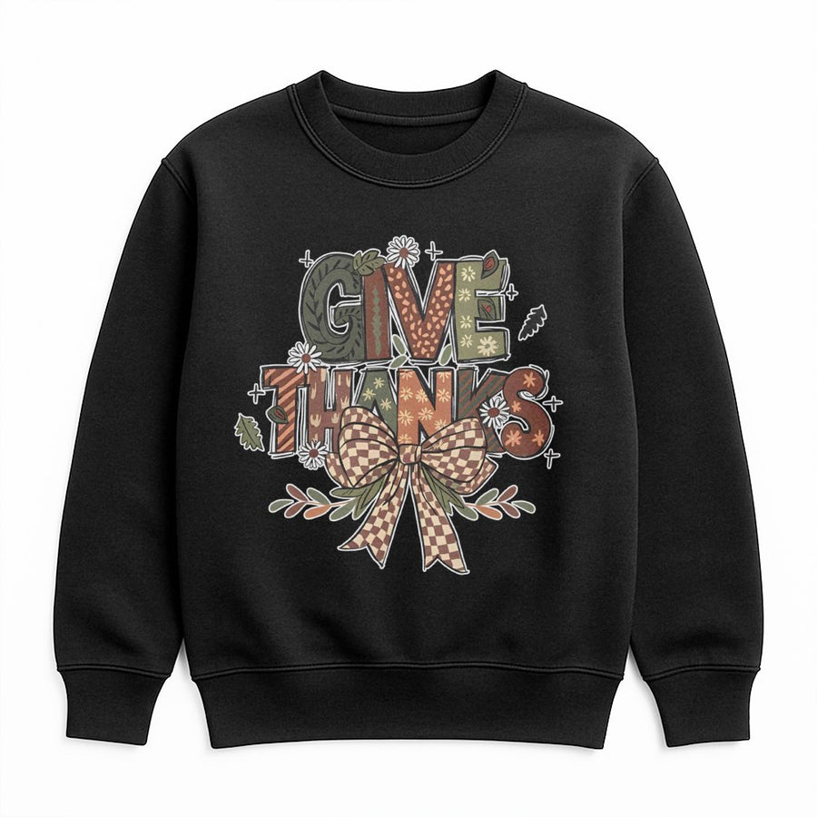 Give Thanks Sweatshirt | Retro Fall Bow Graphic | Cotton-Poly Blend Premium Crewneck | Thanksgiving Gift For Her