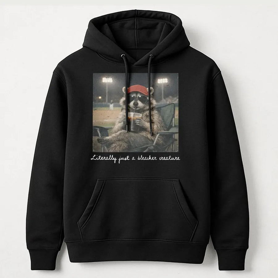 Bleacher Creature Hoodie | Funny Raccoon Baseball Graphic | Cozy Unisex Crewneck | Gift for Baseball Mom, Softball Fan Gift