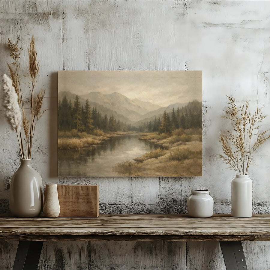 Vintage Mountain Landscape Canvas Art | Muted Earth Tone River Painting | Premium Gallery Wrapped Canvas | Rustic Farmhouse Decor Gift