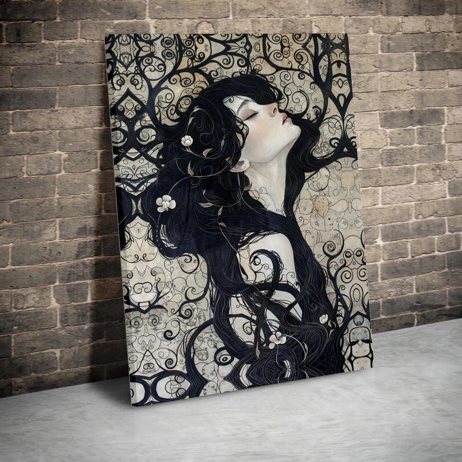 Art Nouveau Woman Wall Art | Ethereal Portrait with Flowing Hair | Premium Gallery Wrapped Canvas | Elegant Home Decor Gift