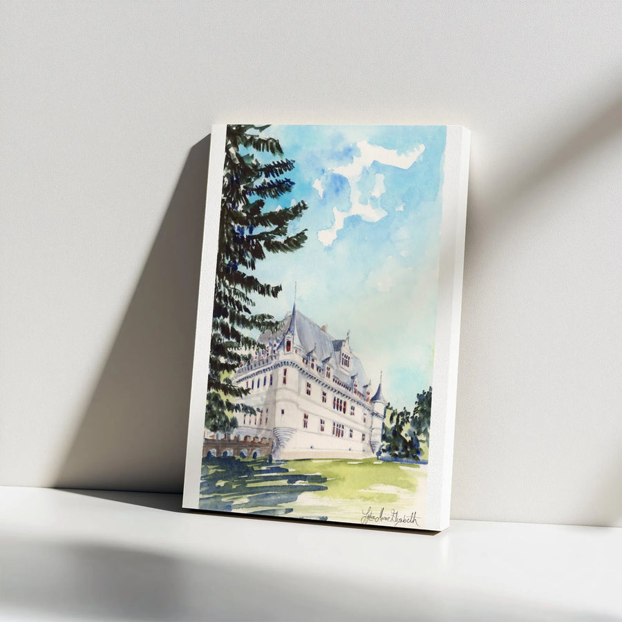 Château d'Azay-le-Rideau Canvas Wall Art | Watercolor French Castle Painting | Premium Fade-Resistant Print | Collector's Gift for France Traveler