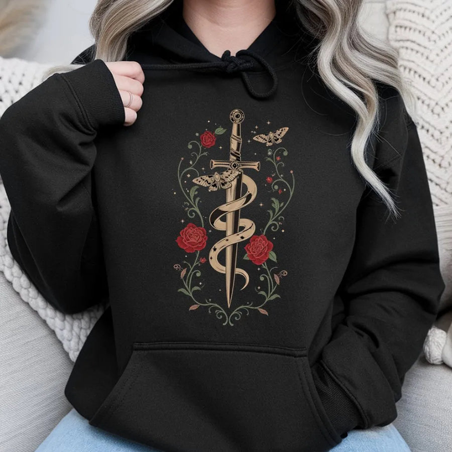 Vintage Sword and Roses Hoodie | Gothic Snake & Moth Botanical Art | Premium Cotton Blend | Dark Academia Aesthetic Gift for Women