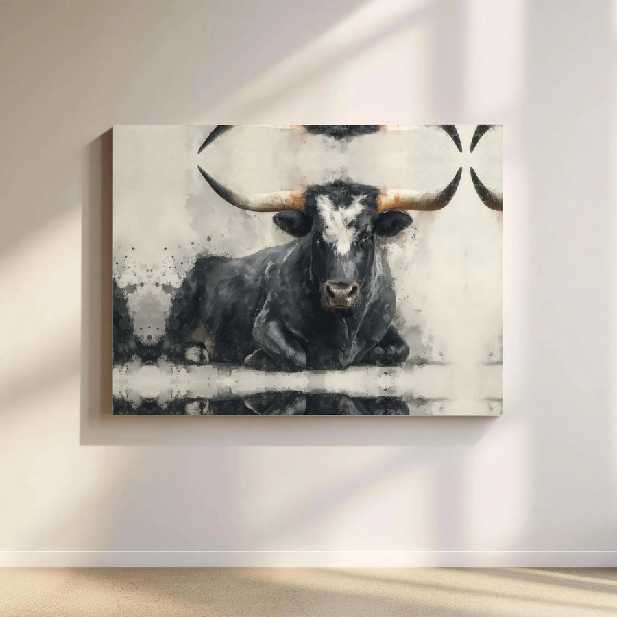 Texas Longhorn Canvas Wall Art | Rustic Farmhouse Watercolor Bull Painting | Premium Gallery Wrapped Canvas | Western Home Decor Gift