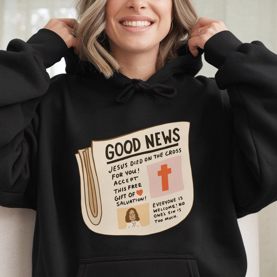 Good News Christian Hoodie | Jesus Died On The Cross Graphic | Premium Cotton Blend | Faith-Based Religious Apparel Gift For Men & Women