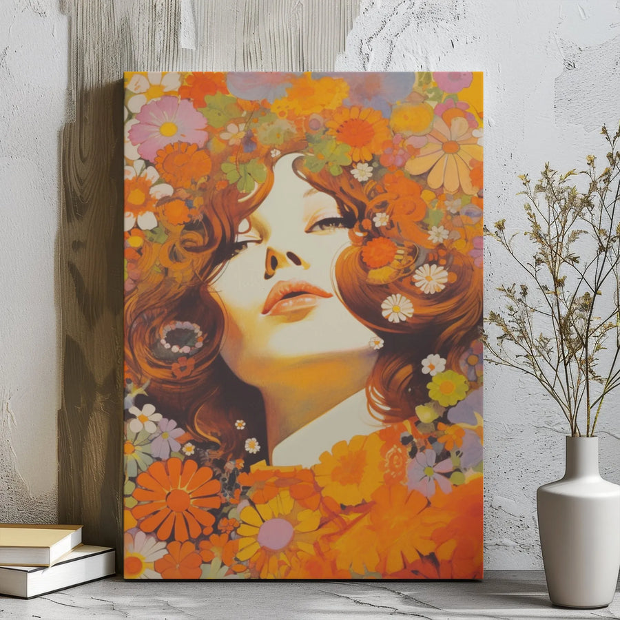 Retro Flower Power Canvas Art | Psychedelic 70s Woman Portrait | Gallery Wrapped Premium Print | Aesthetic Bohemian Wall Decor Gift
