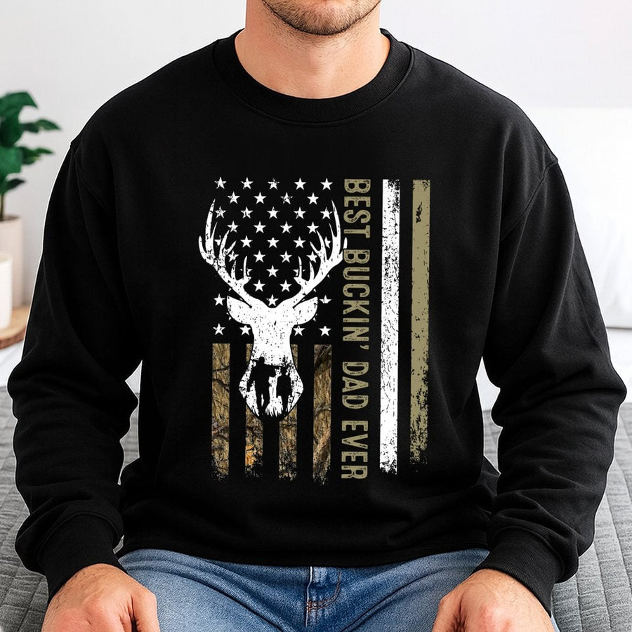 Best Buckin Dad Ever Sweatshirt | Deer Antler American Flag Camo Graphic | Premium Cotton Blend | Funny Hunting Gift for Men & Outdoorsman