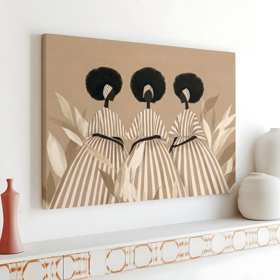 Black Women Canvas Wall Art | Minimalist Abstract Three Figures | Premium Thick Gallery Canvas | Boho Chic Home Decor Gift for Her