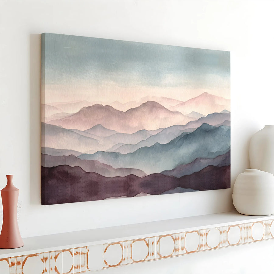 Misty Mountain Landscape Canvas | Watercolor Aesthetic Wall Art | Premium 1.25-Inch Gallery Wrap | Modern Home Office Decor