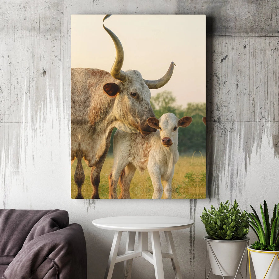 Texas Longhorn Cow and Calf Wall Art | Rustic Farmhouse Animal Canvas Print | 1.25" Gallery Wrap | Western Country Home Decor Gift