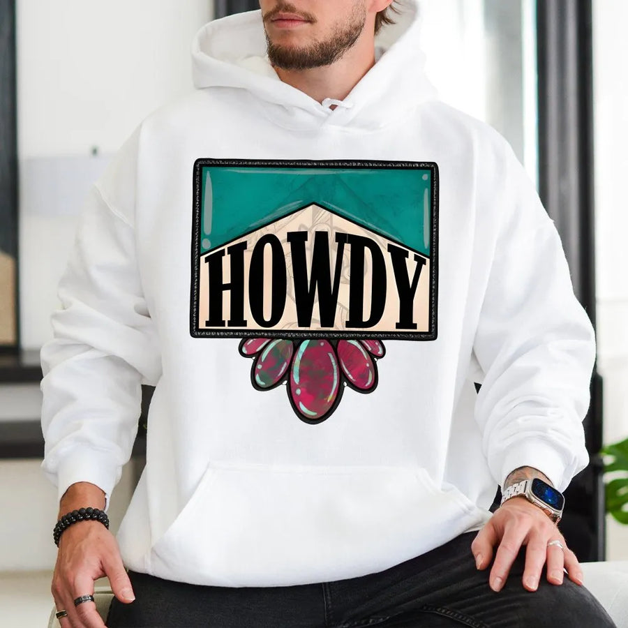 Howdy Western Hoodie | Vintage Turquoise Gem Graphic | Premium Cotton Blend | Cowgirl Aesthetic Gift for Her