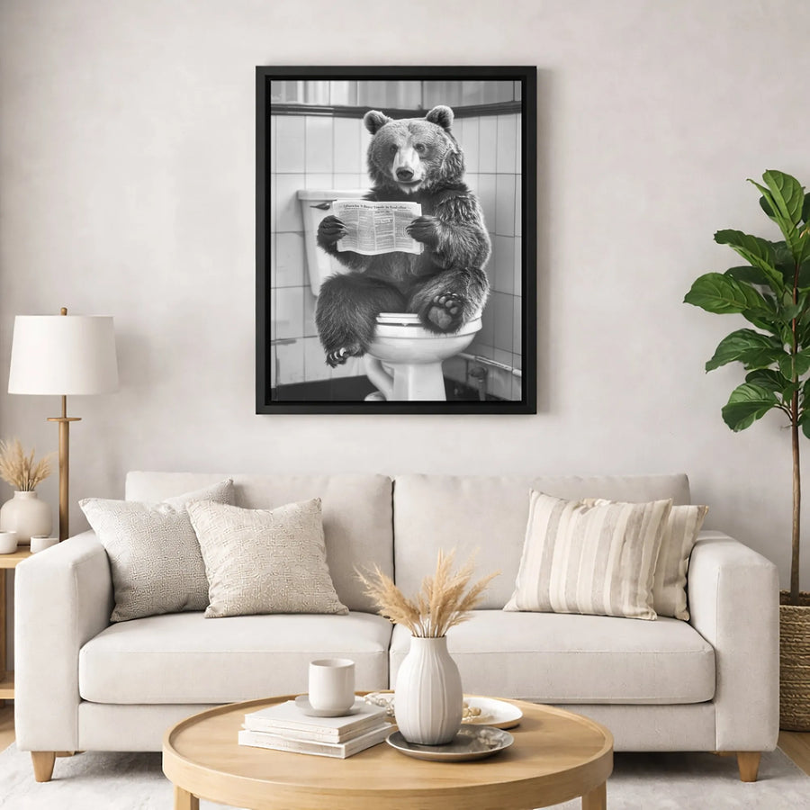 Bear Reading Newspaper on Toilet Canvas Art | Funny Bathroom Wall Decor | Premium Fade-Resistant Print | Quirky Gift for Bathroom Lovers