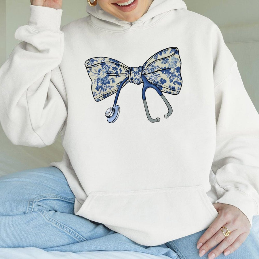 Nurse Stethoscope Bow Hoodie | Floral Medical Illustration | Premium Cotton-Blend Pullover | Perfect RN Gift for Women and Healthcare Workers