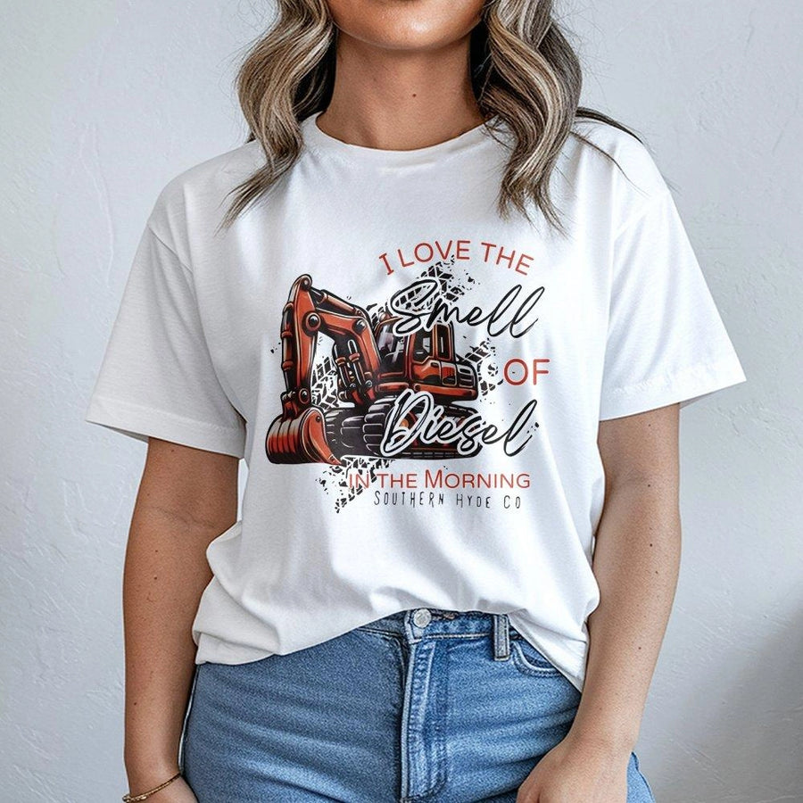 I Love The Smell Of Diesel In The Morning T-Shirt | Excavator Construction Design | Premium Soft Cotton | Gift For Heavy Equipment Operator