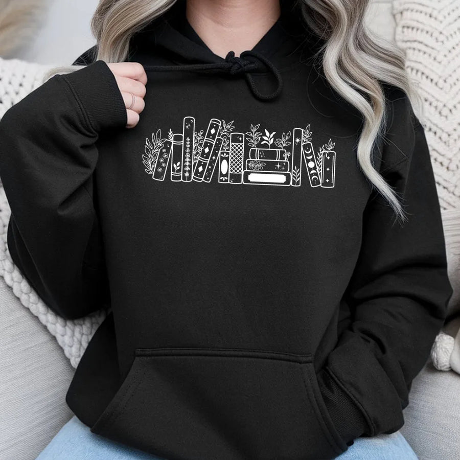 Book Lover Hoodie | Botanical Bookshelf Illustration | Soft Cotton-Blend | Perfect Gift for Readers, Librarians, and Bookworms