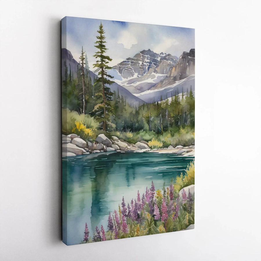 Mountain Landscape Canvas Print | Watercolor River & Pine Forest Scene | Premium Gallery Wrapped Wall Art | Nature Lover Gift for Cabin Decor