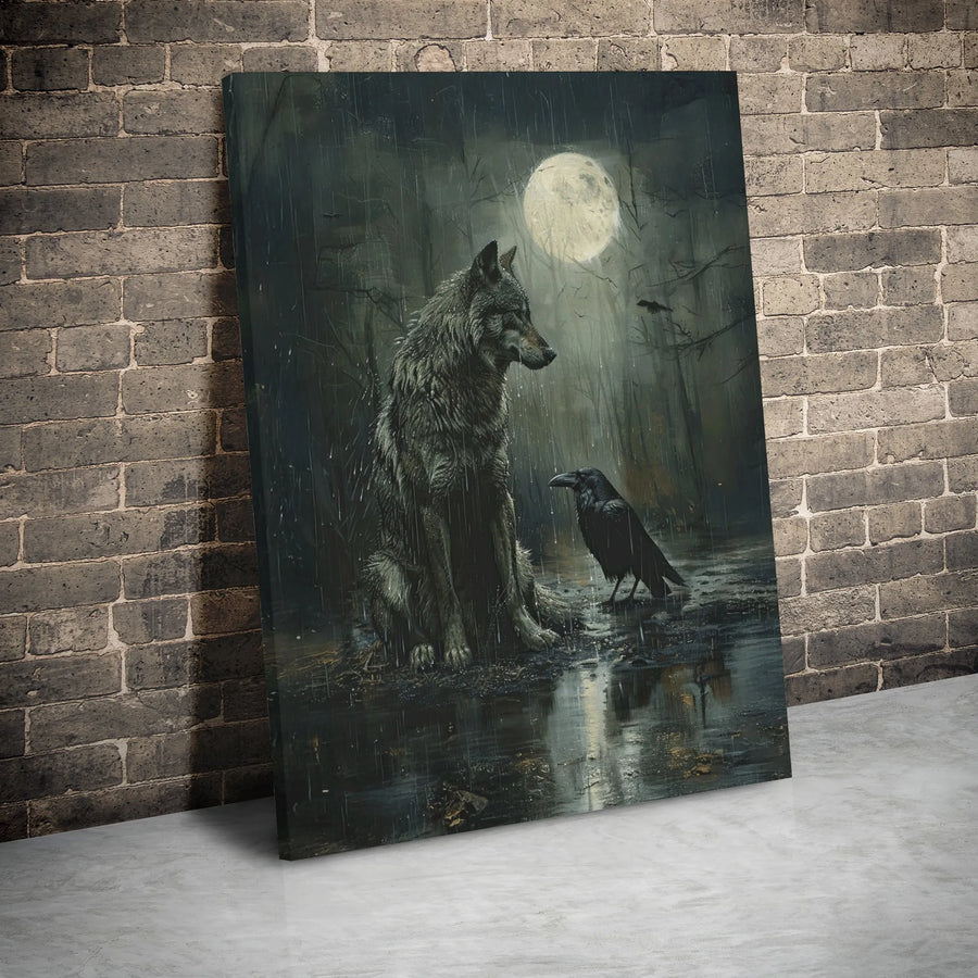 Wolf and Raven Canvas Wall Art | Moody Forest Full Moon Nature Print | Premium 1.25" Gallery Wrap | Gothic Home Decor & Wildlife Gift
