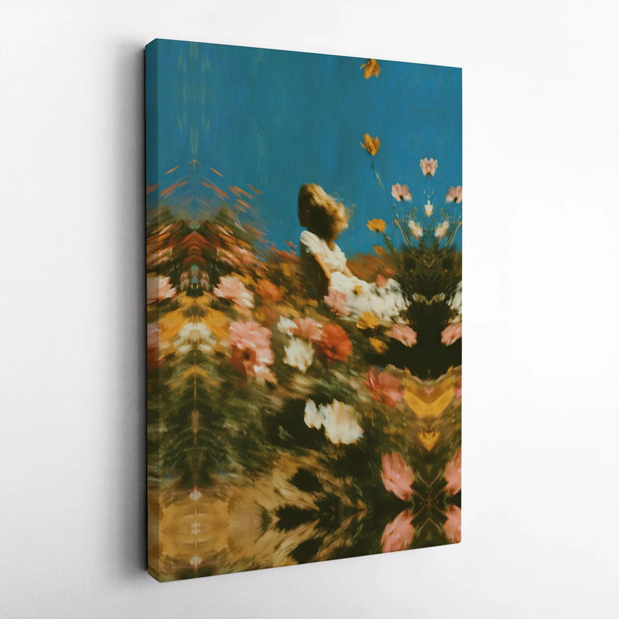 Surreal Floral Field Canvas Art | Woman In Garden Abstract Print | Premium Gallery Wrapped Wall Decor | Whimsical Nature Aesthetic Home Gift