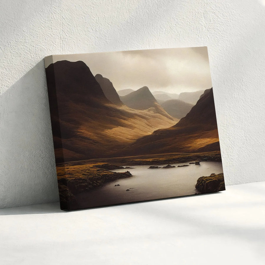 Scottish Highlands Landscape Canvas Art | Moody Mountain Lake Wall Decor | Premium Gallery Wrap Print | Nature Lover Home Interior Gift