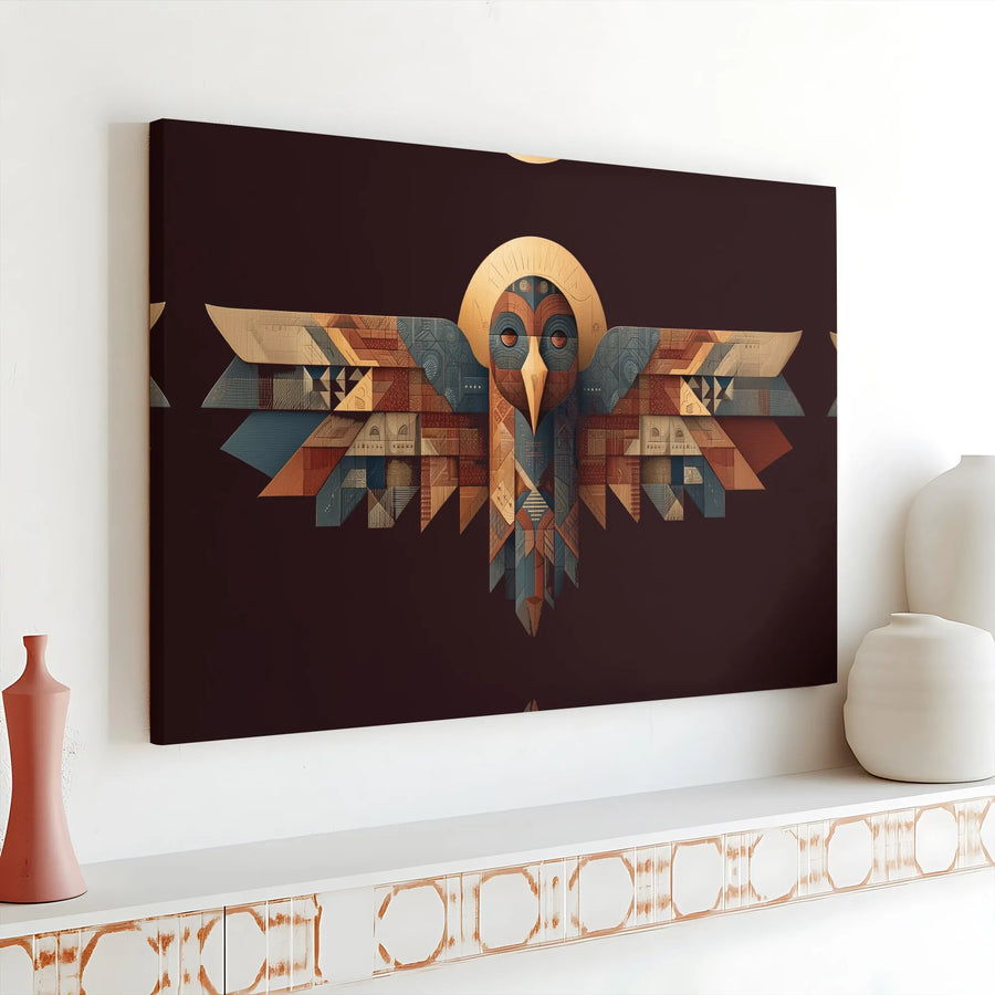 Geometric Owl Wall Art | Aztec Inspired Tribal Bird Canvas | Premium Gallery Wrap Decor | Spiritual Home Office Gift