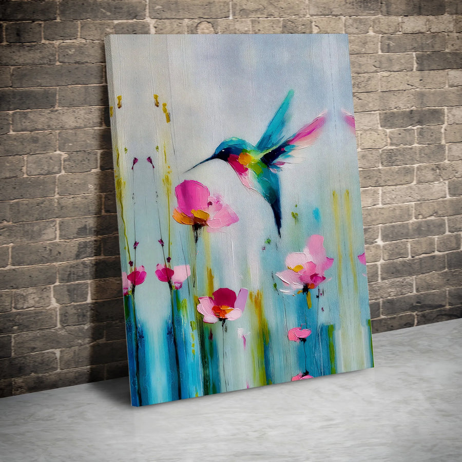 Hummingbird Canvas Wall Art | Vibrant Bird & Abstract Flower Painting | Premium Gallery Wrapped Canvas | Modern Home Decor Gift for Nature Lovers