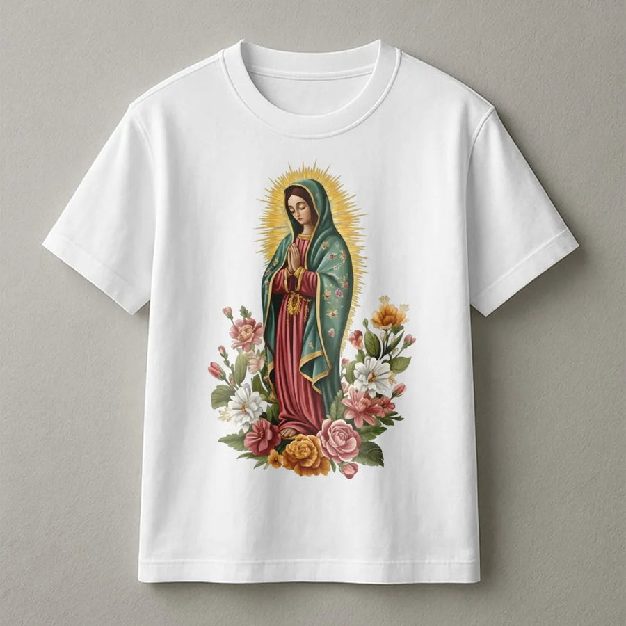 Our Lady Of Guadalupe T-Shirt | Floral Virgin Mary Religious Graphic | Premium Cotton Catholic Apparel | Faith-Based Gift For Women And Men