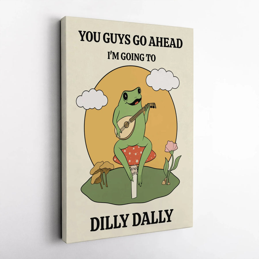 Dilly Dally Frog Wall Art | Funny Toad Playing Lute on Mushroom Print | Premium Gallery Wrap Canvas | Whimsical Nature Home Decor Gift