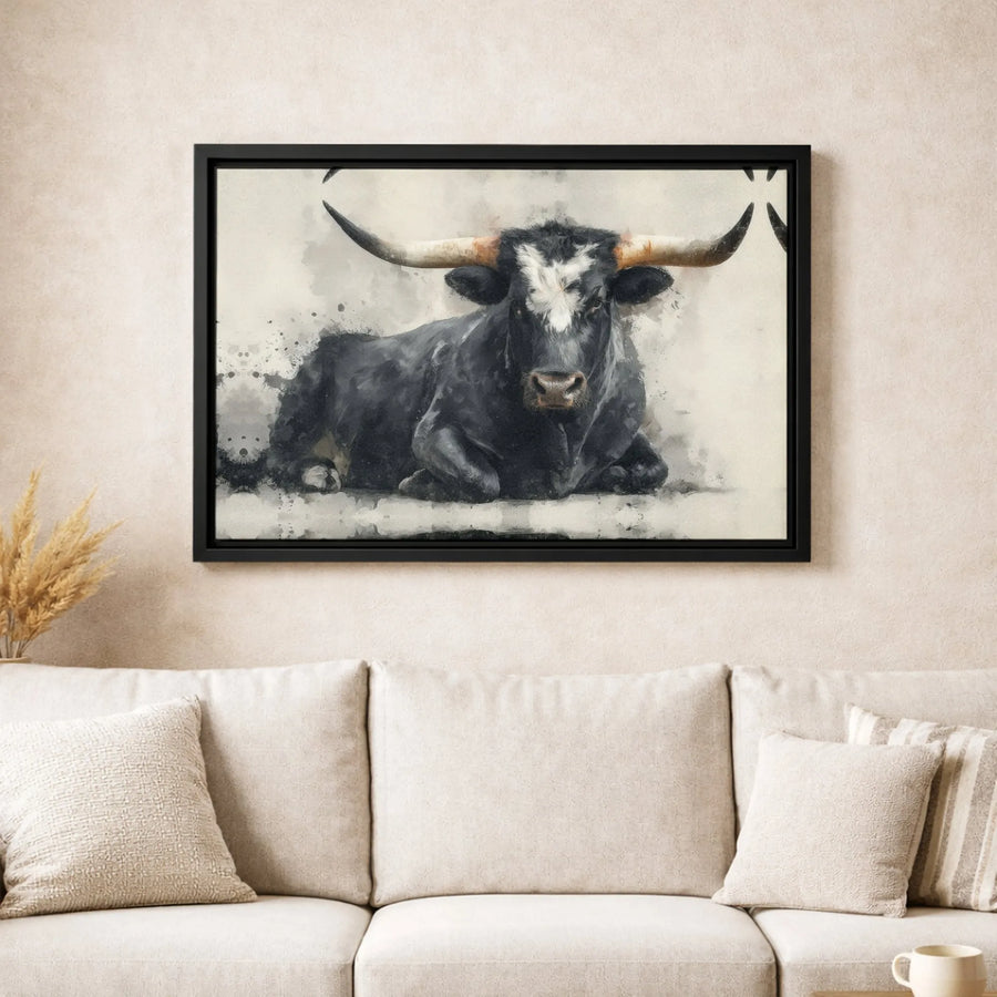 Texas Longhorn Bull Wall Art | Black And White Watercolor Animal Print | Premium 1.25 Inch Gallery Wrapped Canvas | Rustic Farmhouse Home Decor