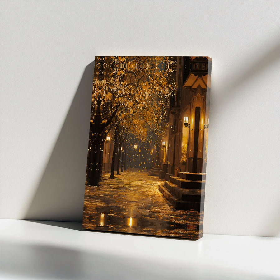 Autumn Street Canvas Wall Art | Romantic Golden Cityscape Lantern Decor | Premium Gallery-Wrapped Print | Cozy Home & Office Seasonal Gift