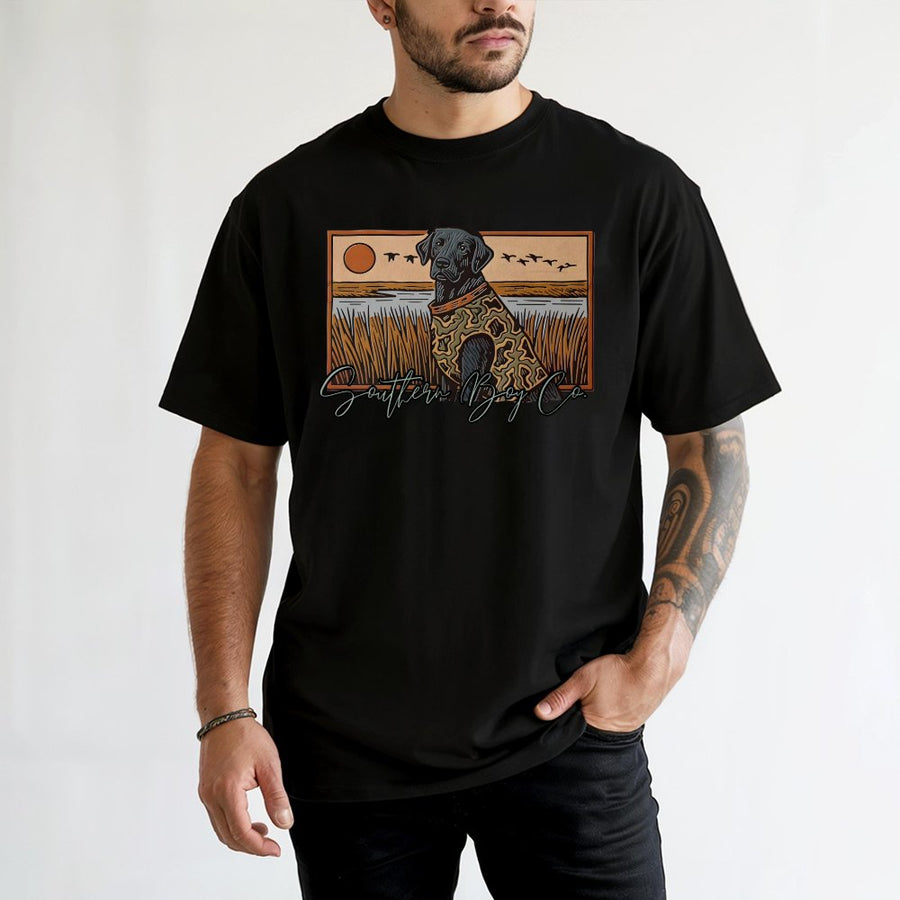 Black Labrador T-Shirt | Rustic Marsh Duck Hunting Scene | 100% Cotton Premium Tee | Outdoorsman Gift for Dog Lovers