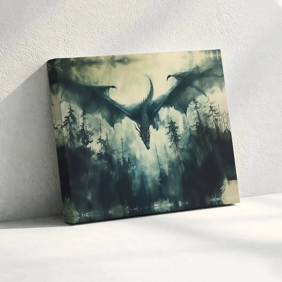 Dragon Wall Art Canvas Print | Misty Forest Landscape Painting | Premium Gallery Wrapped Canvas | Fantasy Gamer Room Decor Gift