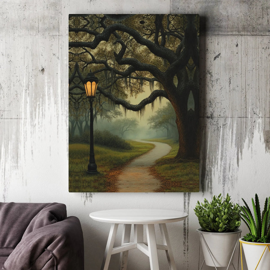 Misty Oak Tree Wall Art | Vintage Lamppost in Foggy Woods | Premium Gallery Wrapped Canvas | Moody Southern Landscape Gift for Home