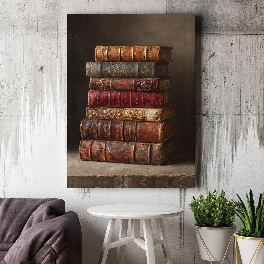 Vintage Books Canvas Print | Stacked Antique Leather Books Art | Premium Gallery Wrap Canvas | Dark Academia Decor Gift for Book Lover