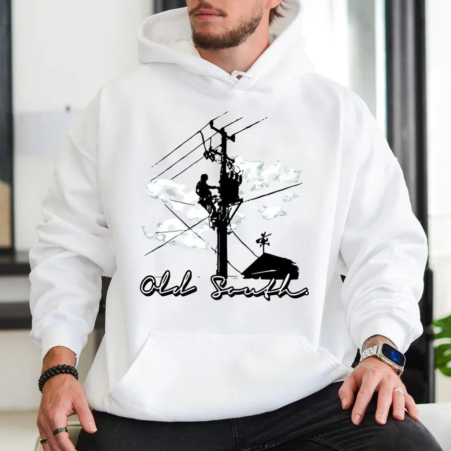 Lineman Hoodie | Old South Power Line Utility Worker Graphic | Premium Cotton Blend | Gift for Electrician Power Company Worker