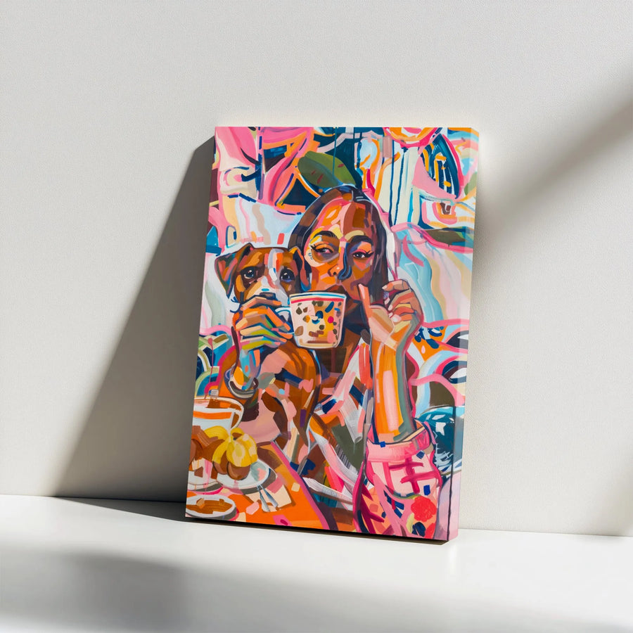 Abstract Woman And Dog Canvas Art | Colorful Coffee Shop Expressionist Painting | Gallery-Wrapped Premium Decor | Gift For Dog Lovers