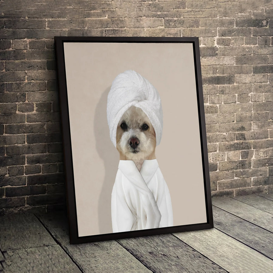 Funny Dog in Bathrobe Canvas Print | Whimsical Spa Pet Wall Art | Premium Gallery Wrapped Decor | Unique Gift for Dog Lovers