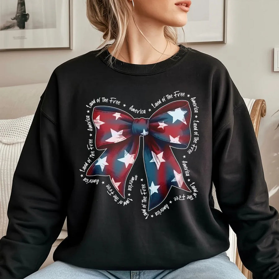 Patriotic Bow Sweatshirt | Coquette American Flag Graphic | Soft Cotton Tee | 4th of July Gift for Women